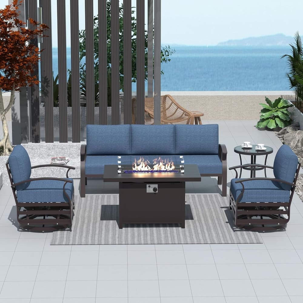 Kullavik Aluminum Outdoor Patio Furniture with Curved Armrests & Firepit Table
