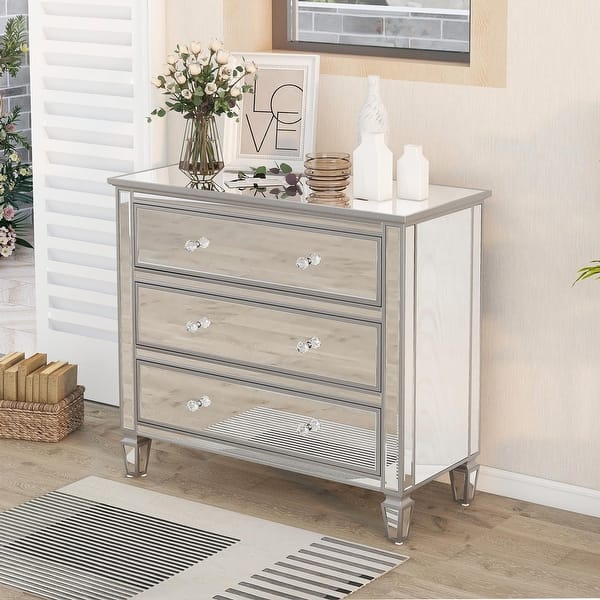 Elegant Mirrored Dresser Chest with 3 Drawers, Modern Silver Finished Storage Cabinet for Living Room, Hallway, Entryway - Bed Bath & Beyond - 39651449 Elegant Mirrored Dresser Chest with 3 Drawers, Modern Silver Finished Storage Cabinet for Living Room, Hallway, Entryway - Bed Bath & Beyond - 39651449