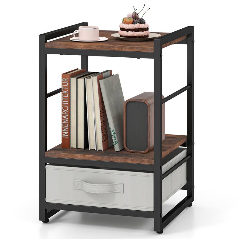Rustic Brown Side End Table with Grey Drawer and Shelf Metal Frame for Bedroom or Living Room - 16" x 16" x 24"