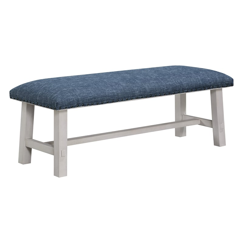 OS Home and Office Furniture Callen Bench with White Wash Frame and Antique Bronze Nailhead Trim in Navy Fabric