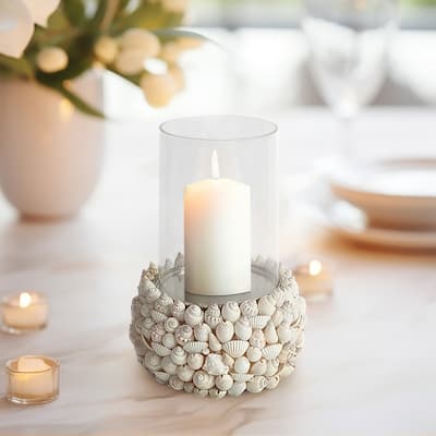 Sagebrook Home Shell White Cylinder Hurricane Candle Holder