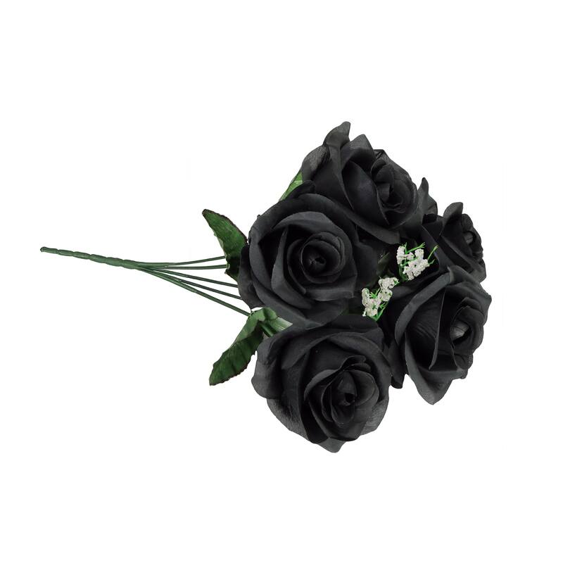 Set of 12 Black Artificial Open Rose Flower Stem Bush Bouquet 14in - 14" L x 7" W x 7" DP