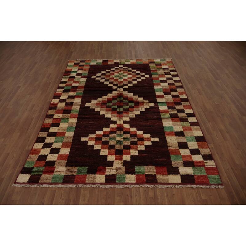 Hand Knotted Oriental 100% Wool Carpet Modern Geometric Red Moroccan Area Rug - 9' 11'' X 7' 0''