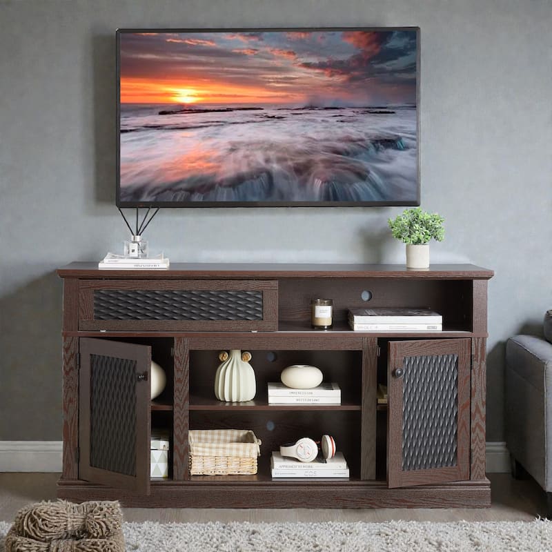 58 Inch Embossed Pattern TV Stand for TVs up to 65 Inch, Media Console with Sliding Door, Open Storage & Cabinets