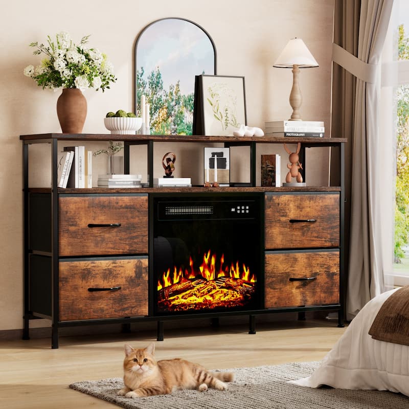 BOSSIN Fireplace TV Stand & Entertainment Center with LED Lights, 4 PU Leather Drawers, Open Shelves, and Built-in Power Outlets