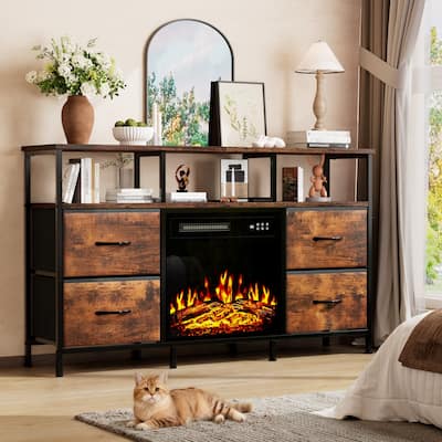 BOSSIN Fireplace TV Stand & Entertainment Center with LED Lights, 4 PU Leather Drawers, Open Shelves, and Built-in Power Outlets