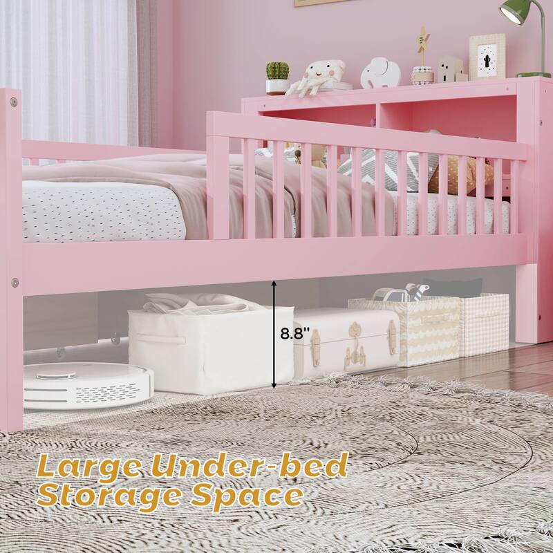 Twin Size Wood Kids Storage Platform Bed Frame with Drawers, Guardrail