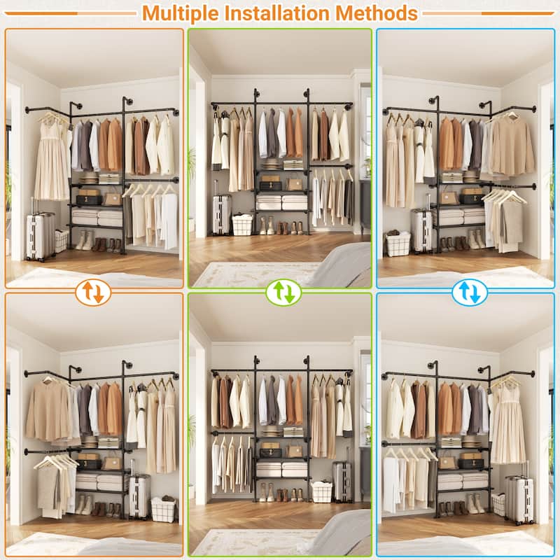 87"W Industrial Pipe Clothing Racks with LED Lights & Open Shelves,Reversible Walk-in Closet Oraganizer System Garment Racks