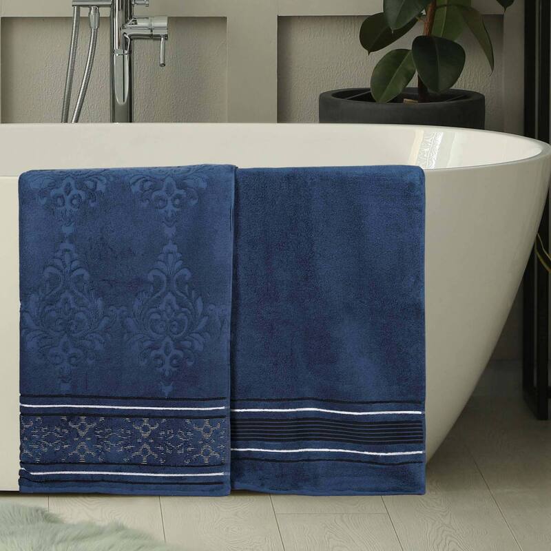 Superior Sadie Zero Twist Cotton Solid and Floral Bath Sheet Set of 2 - Navy Blue