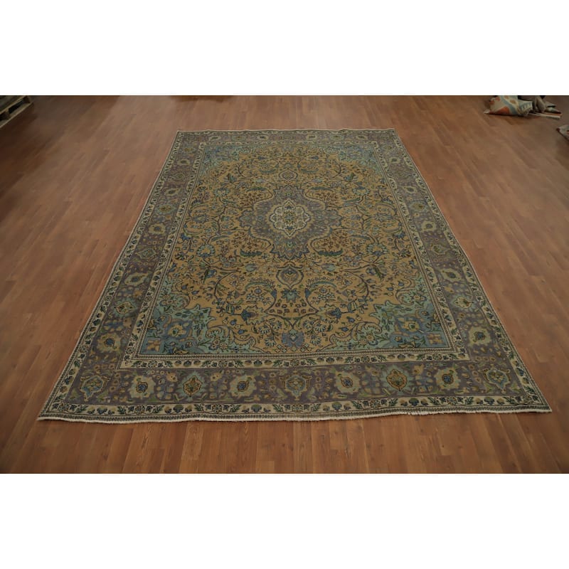 Hand Knotted Oriental 100% Wool Carpet Traditional Floral Brown Tabriz Area Rug - 11' 1'' X 7' 10''