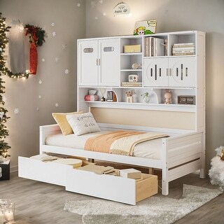 Modern Twin Size Kids Bed Daybed, All-in-One Cabinet Bed with 2 Drawers,White