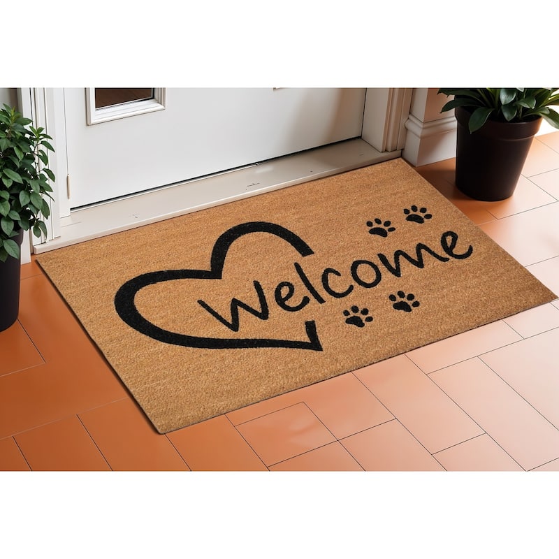 HomeRoots 17" X 29" Natural And Black Pawprint Welcome Outdoor Coir Door Mat - 17' X '29 - 17' X '29