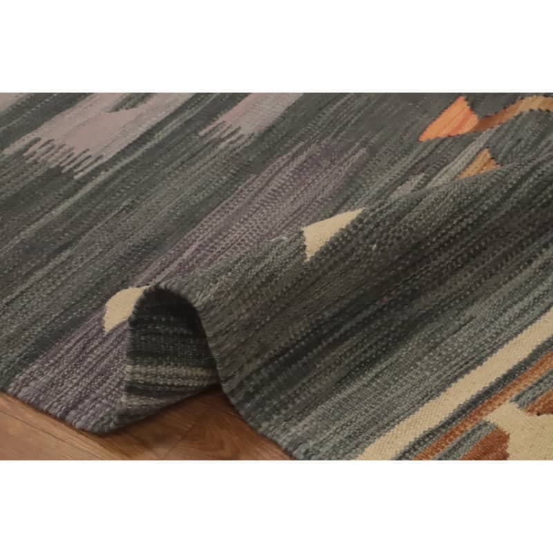 Hand Woven Oriental 100% Wool Carpet Southwestern Tribal Greys & Charcoal Kilim Area Rug - 9' 10'' X 6' 10''