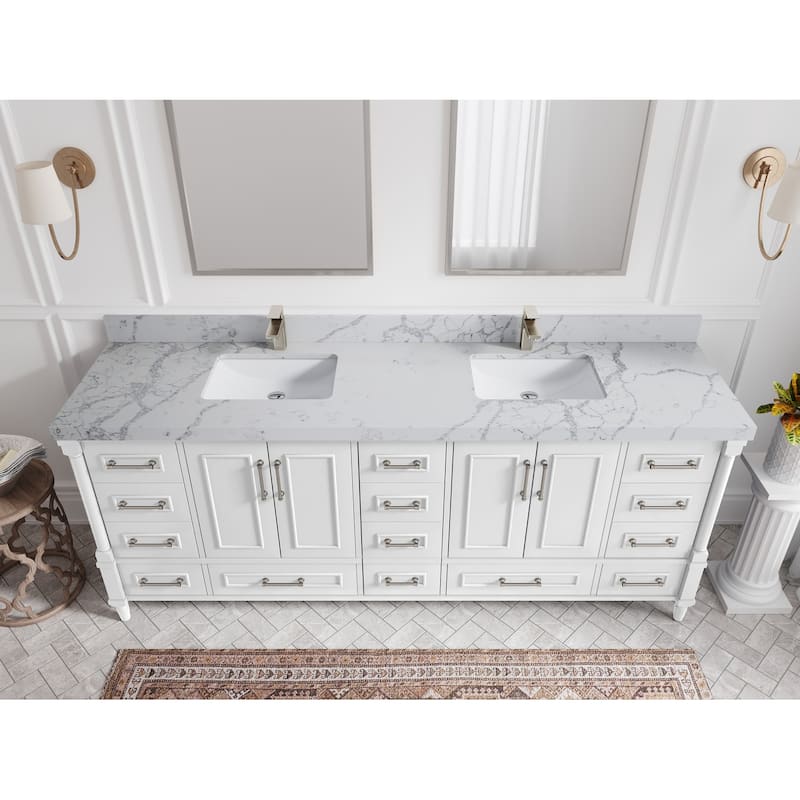 Willow Collections 84 in. W x 22 in. D Aberdeen Double Bowl Sink Bathroom Vanity with Countertop - 2" Venatino - White