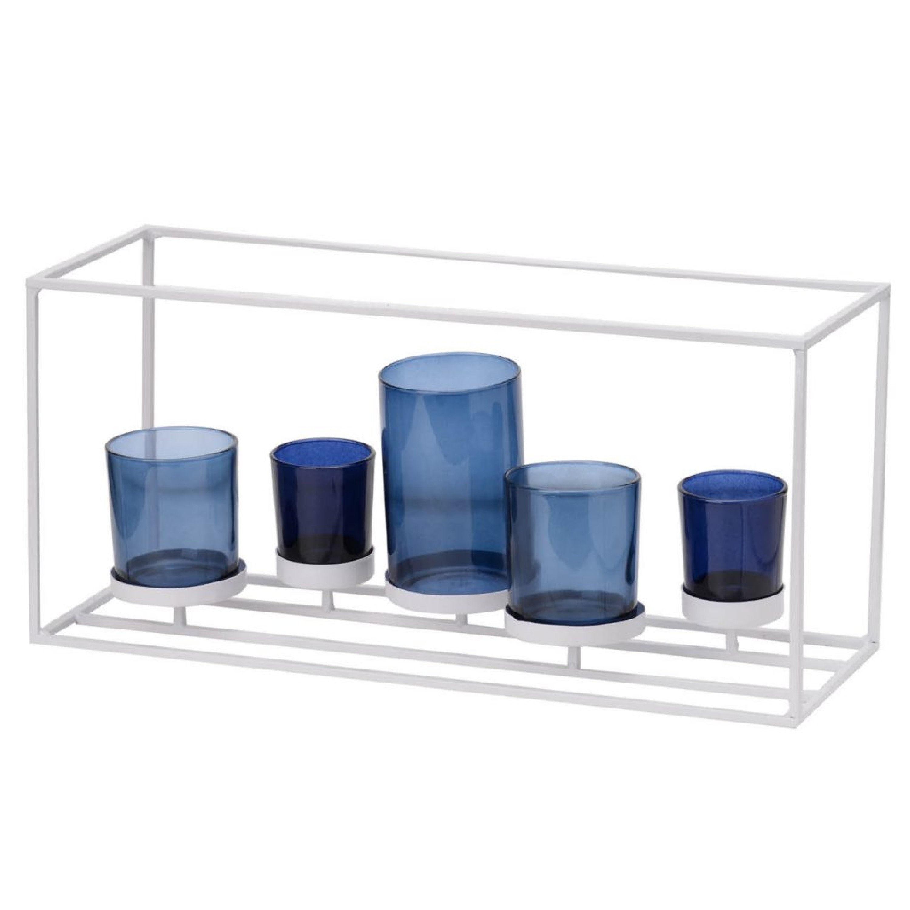 Mev 5 Jar Candle Holder, Blue Glass, 17 Inch Modern White Iron Frame