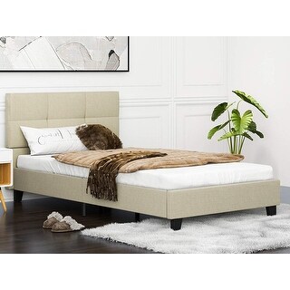 Twin Upholstered Linen Platform Bed /Metal Frame with Tufted/ Wooden ...