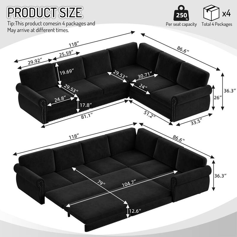 L-Shaped Sectional Sofa with Pull-Out Bed, Oversize Convertible Sleeper Sofa with Rolled Arms, Chenille Upholstery