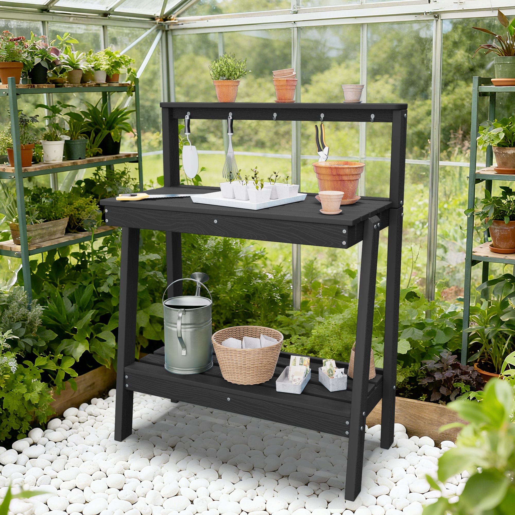 HDPE Outdoor Potting Bench with Storage Shelf, Garden Workstation with 5 Hooks - N/A