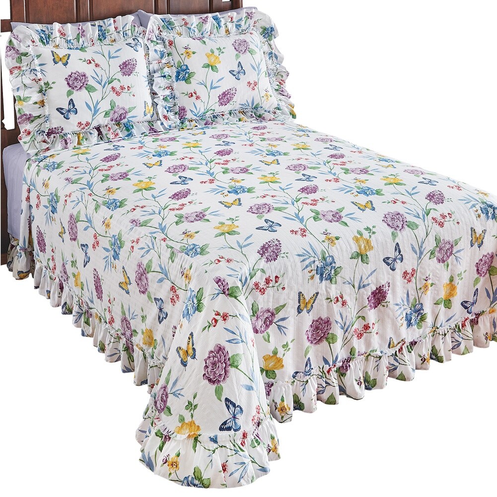 thumbnail image 2 of Collections Etc Andrea Blue Yellow And White Floral Patchwork Ruffle Skirt Lightweight Bedspread King Review 2 of 11
