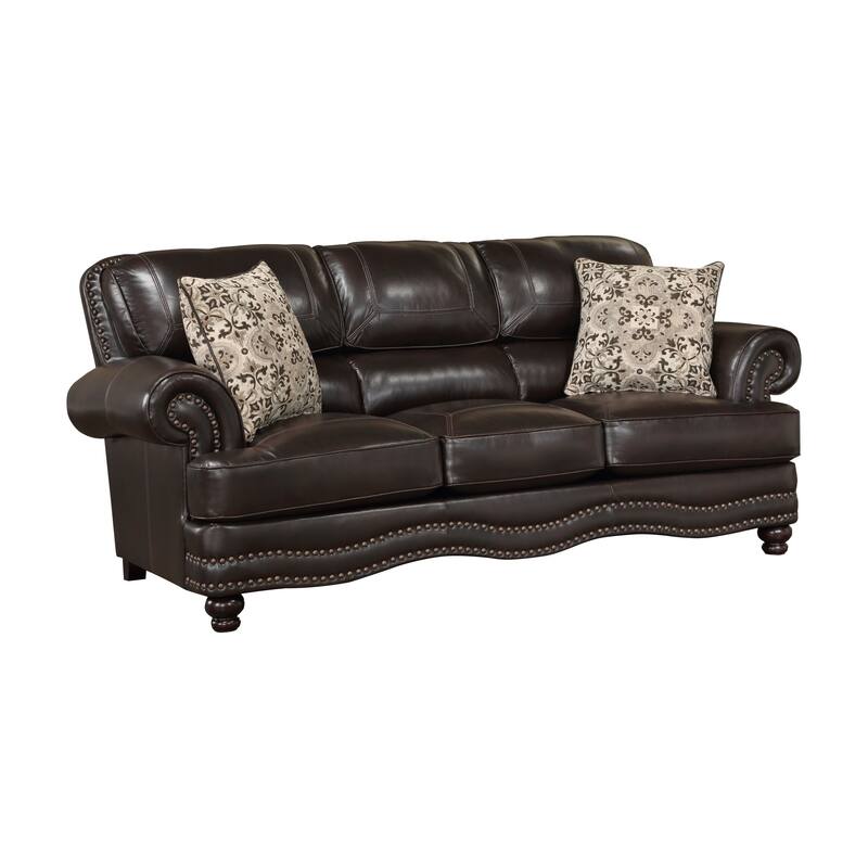 Rhea 88 Inch Accent Sofa, Brown Vegan Faux Leather, Nailhead Trim Accent