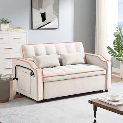 foldable sofa bed in 3 lengths, modern sofa velvet pull-out bed, adjustable back with USB port，ashtray and swivel phone stand