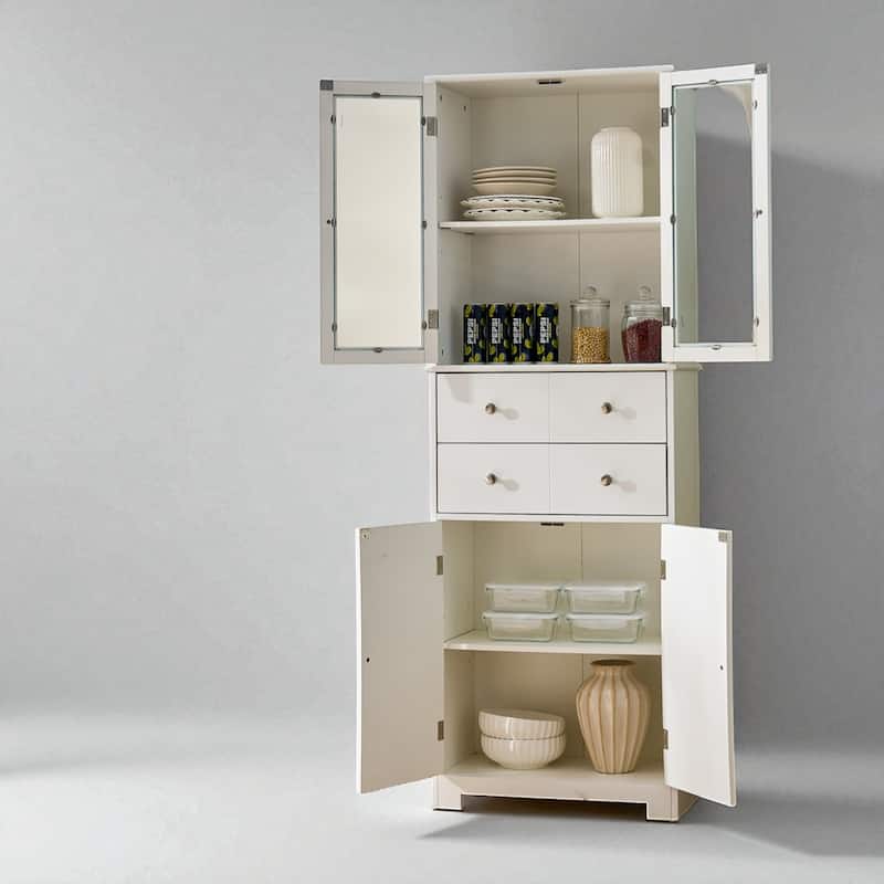67" Tall Kitchen Pantry Cabinet with Glass Doors, Drawers & Adjustable Shelves, White Storage Cupboard Organizer