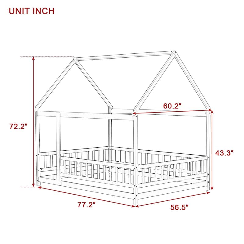 Full Size House Floor Wooden Bed with Roof Frame