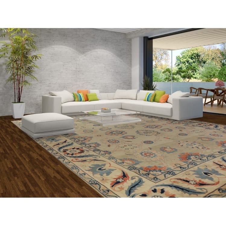 Hand Knotted Oriental 100% Wool Carpet Traditional All-Over Beige & Ivories Mahal Area Rug - 16' 6'' X 13' 0''