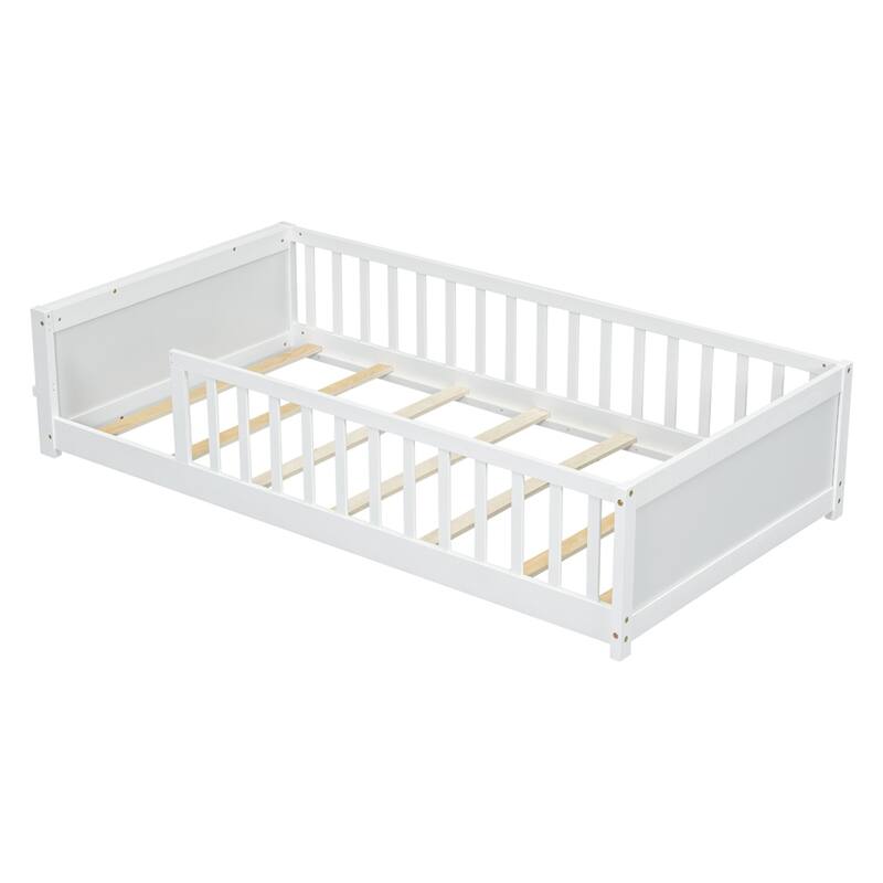 Twin Size Wood Floor Platform Bed with Built-in Book Storage Rack