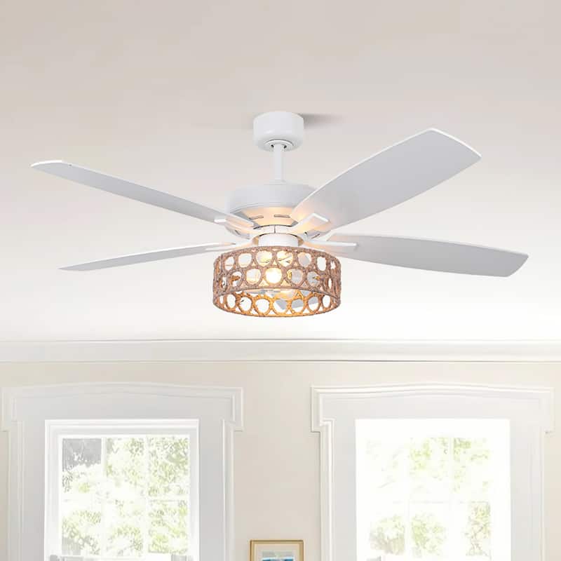 Parrot Uncle 52" Coastal White Natural Jute Reversible Ceiling Fan with Remote
