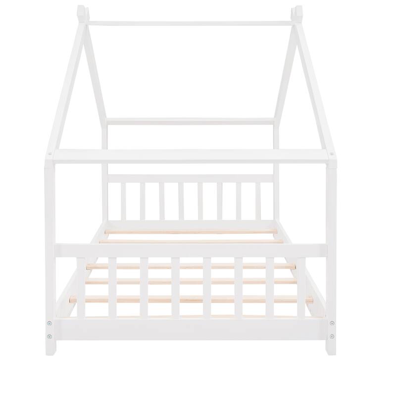 Full Size Playhouse Design Wood Bed with Roof and Semi-Enclosed Space.