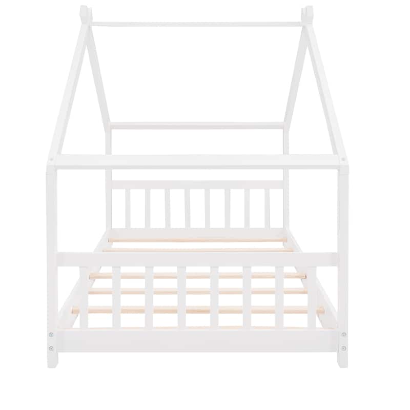 Full/Twin House Bed for Children, Solid Pine Wood Frame with Slats, Playhouse Roof Design, Easy Assembly