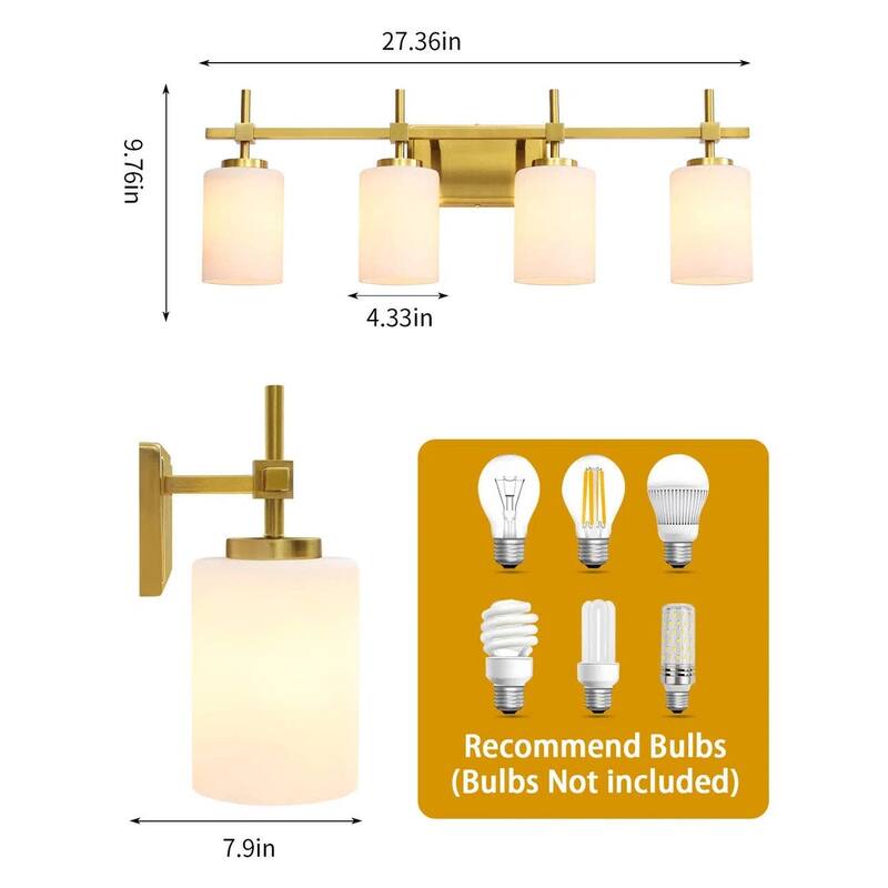 Jasper Gold Traditional Frosted Glass 4-Light Bathroom Vanity Light