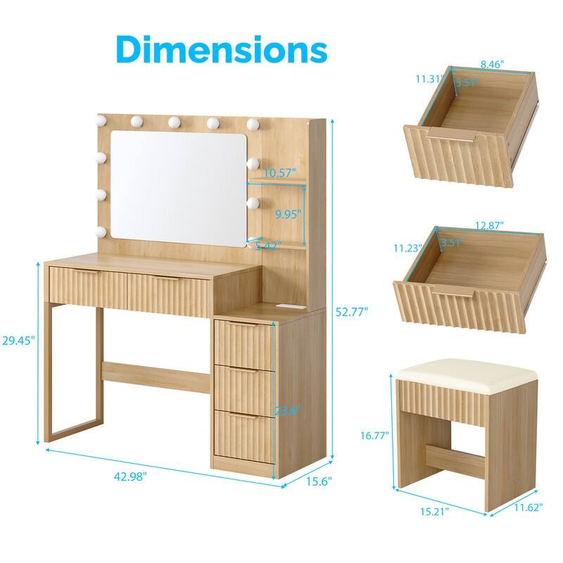 Particle Board Veneered with Textured Melamine, 5-drawer 2-Shelf, comes with 11 Three-color Dimmable Bulbs, Dressing Table Set