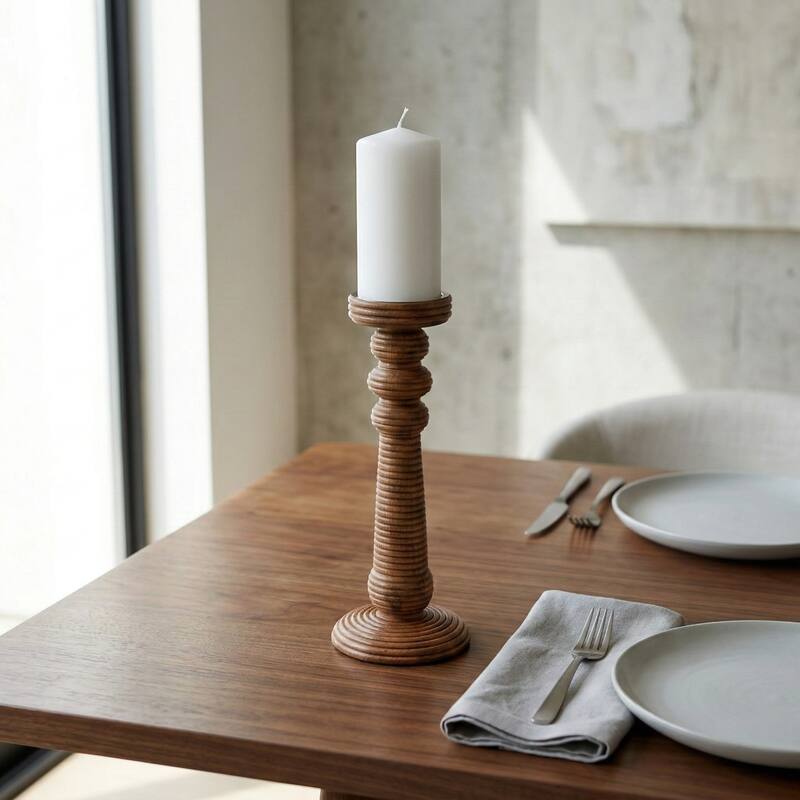 Candle Holder - Brown Mango Wood Ribbed Pillar - 13.0"