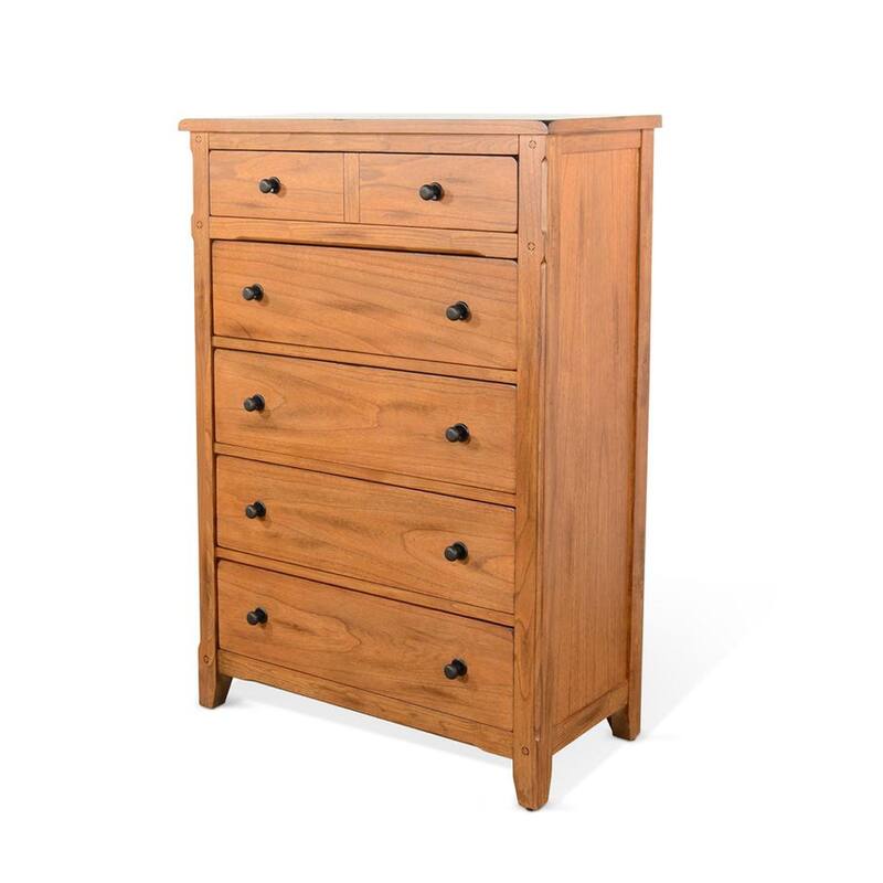 Senny Tall Dresser Chest with 5 Drawers, Brown Solid Mindi Wood