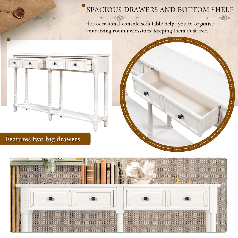 Console Table Sofa Table with Two Drawers and Bottom Shelf - Ivory