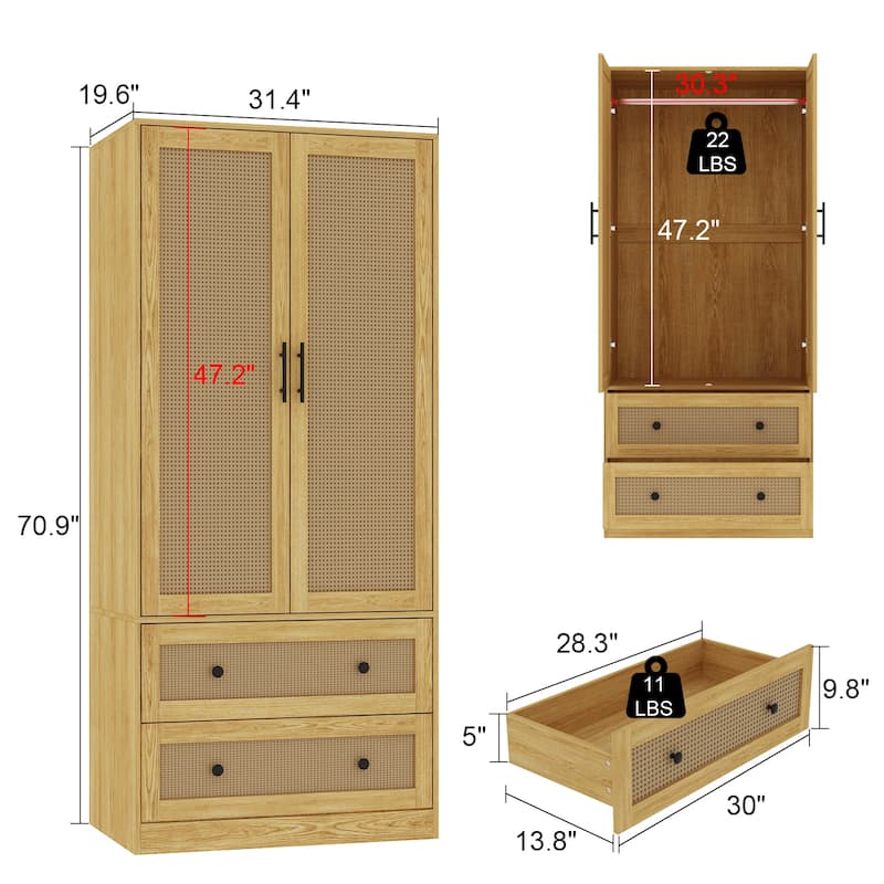 70.9"Wardrobe Closet with Drawers and Hanging Rod Armoires Wood Finish