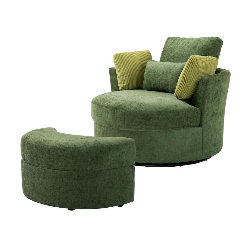 Upholstered Swivel Accent Chair with Wooden Tray Storage Ottoman