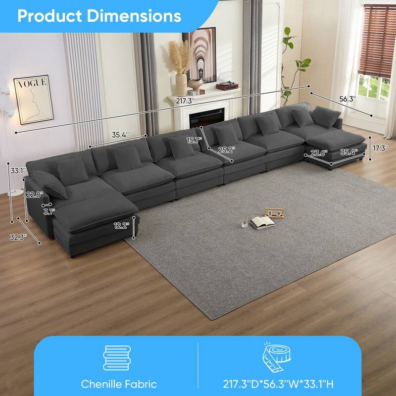 Mixoy 217''U-Shaped Modular Sectional Sofa,8-Seater Cloud Couch with Ottoman and Cushions,Sleeper Deep Seat Couches - 6+2