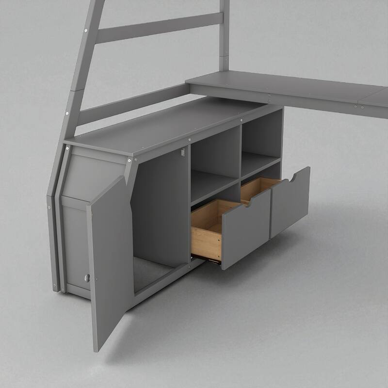 Twin/Full Loft Bed with 7 Drawers, 2 Shelves, and Built-in Desk for Bedroom Organization