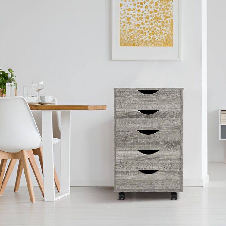 5 Drawers Chest, Wood Storage Dresser with Wheels, Craft Storage Organizer and Storage Drawer Office Drawer Unit