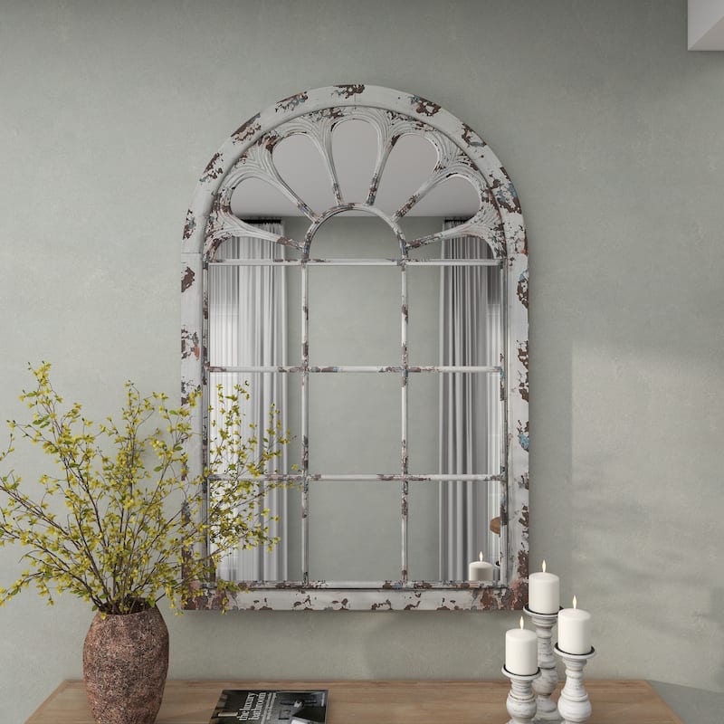 White Metal Window Pane Inspired Room Wall Mirror with Arched Top