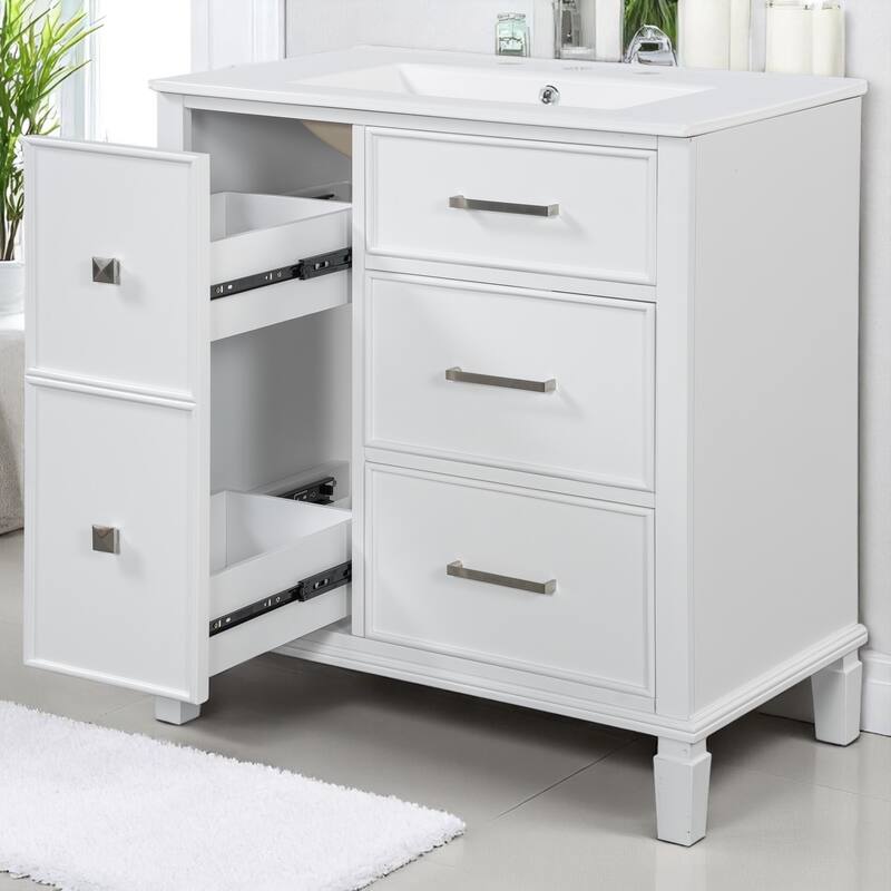 30" Bathroom Vanity with Sink, Freestanding Cabinet with Flip-Out Drawer & Double-Layer Storage, Solid Wood with Ceramic Basin
