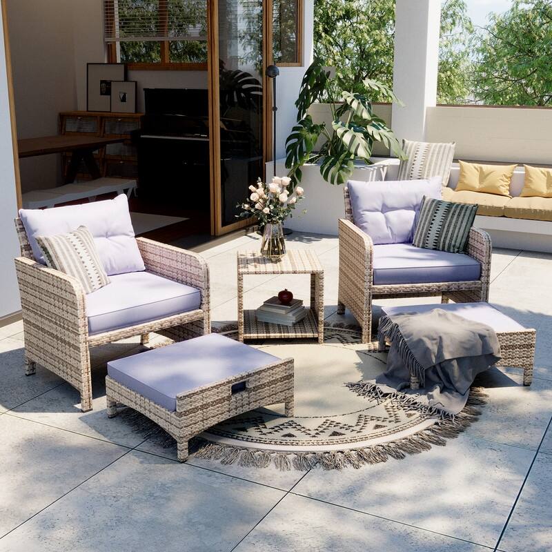 Pamapic 5-Piece Wicker Patio Conversation Set with Ottomans - Purple