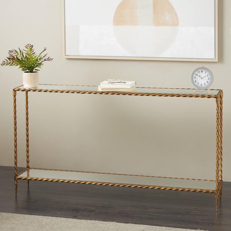Metal Twisted Rope Inspired Console Table with Mirrored Glass Top and Shelf - Gold - Roche River Decor