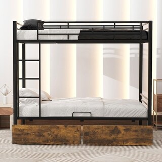 Black Metal Twin Bunk Bed with Drawers and Traditional Stacked Design