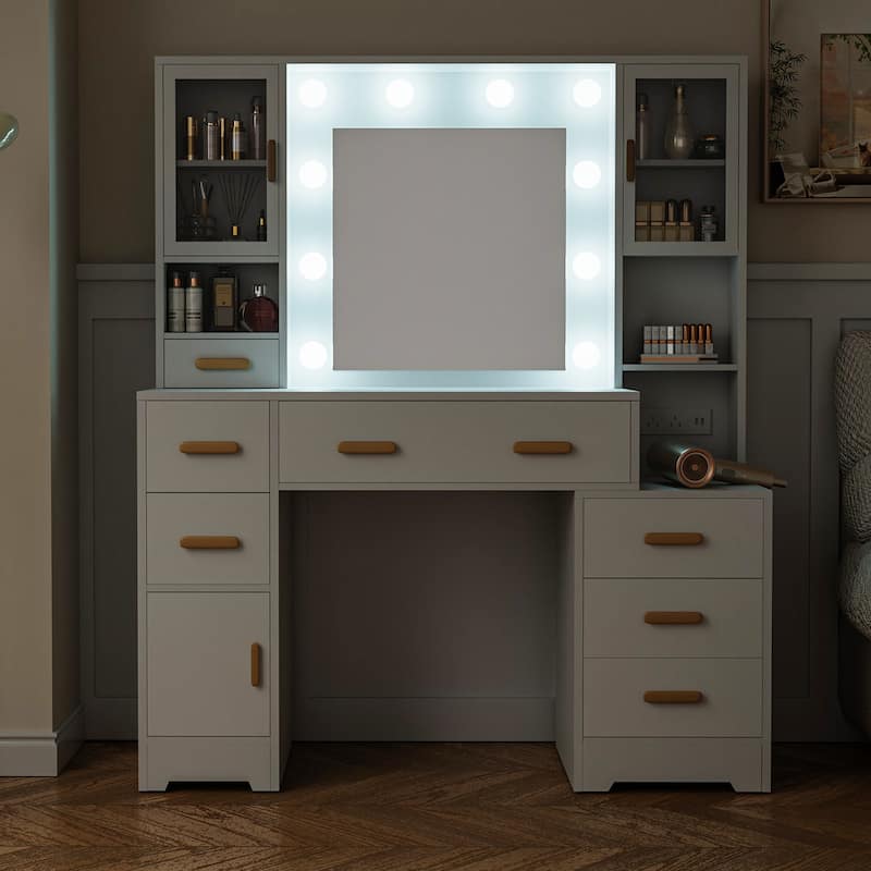 XINMICS Makeup Vanity Dressing Table, Vanity Desk with Mirror and Lights and Charging Station with 7 Drawers & 3 Cabinets