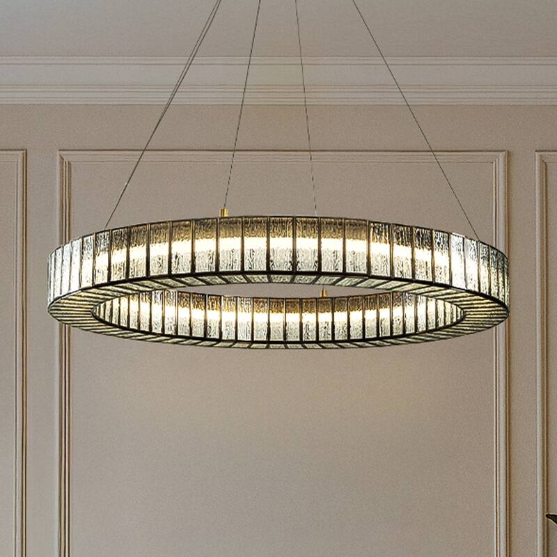 34'' Modern Halo Round Textured Glass Integrated Led Chandelier Brass Empire Led Ceiling Light For Dining Room Living Room