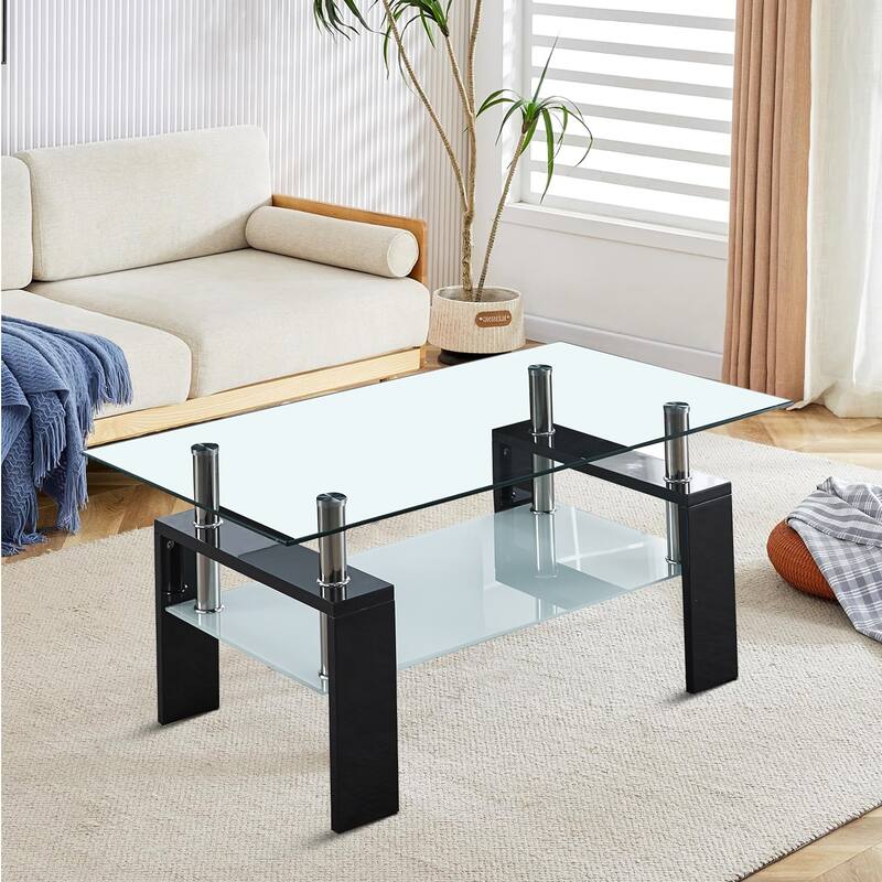 Modern Art Rectangular Coffee Table with a Bottom Shelf - Black